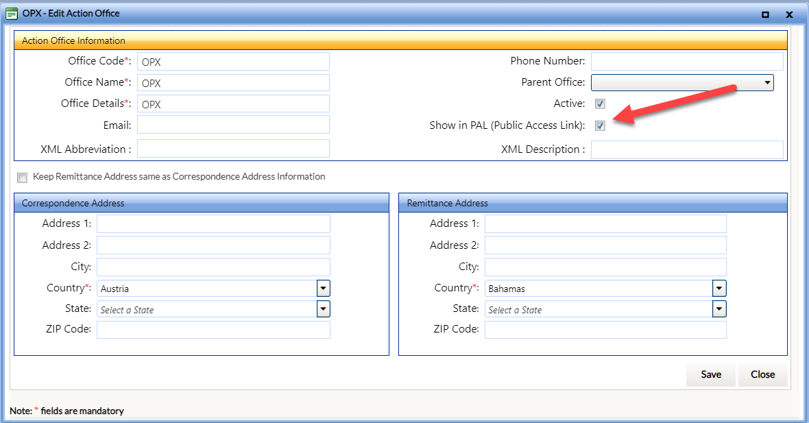 Form for editing action office details, including address and public access link options.